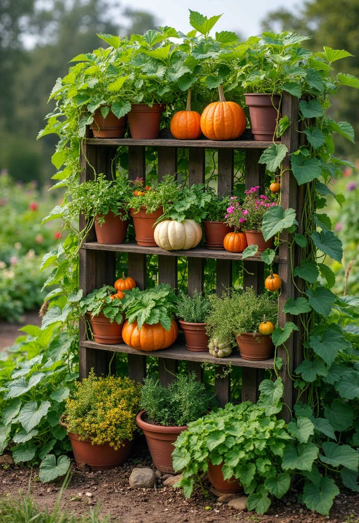 30 Pumpkin Trellis Ideas to Save Space and Grow Big 169 30 Pumpkin Trellis Ideas to Save Space and Grow Big - 27. Vertical Trellis with Shelves