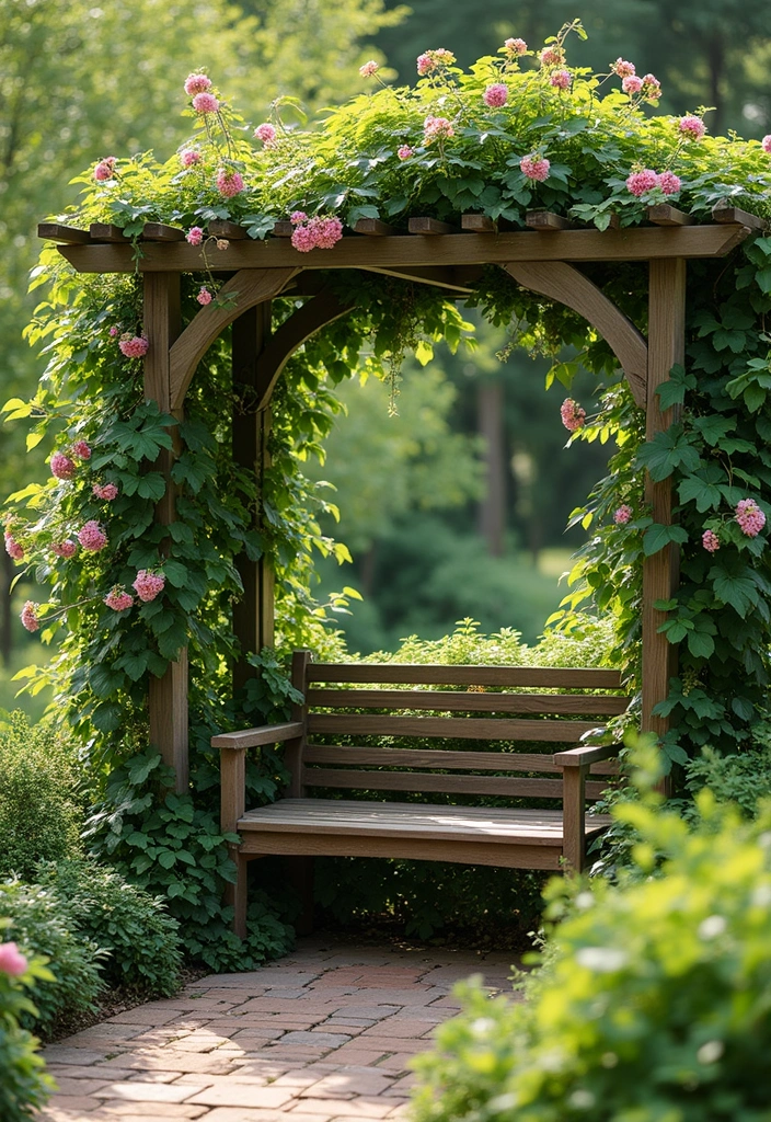 30 Rustic Trellis Ideas with Country Garden Charm - 15. Trellis with Built-in Bench