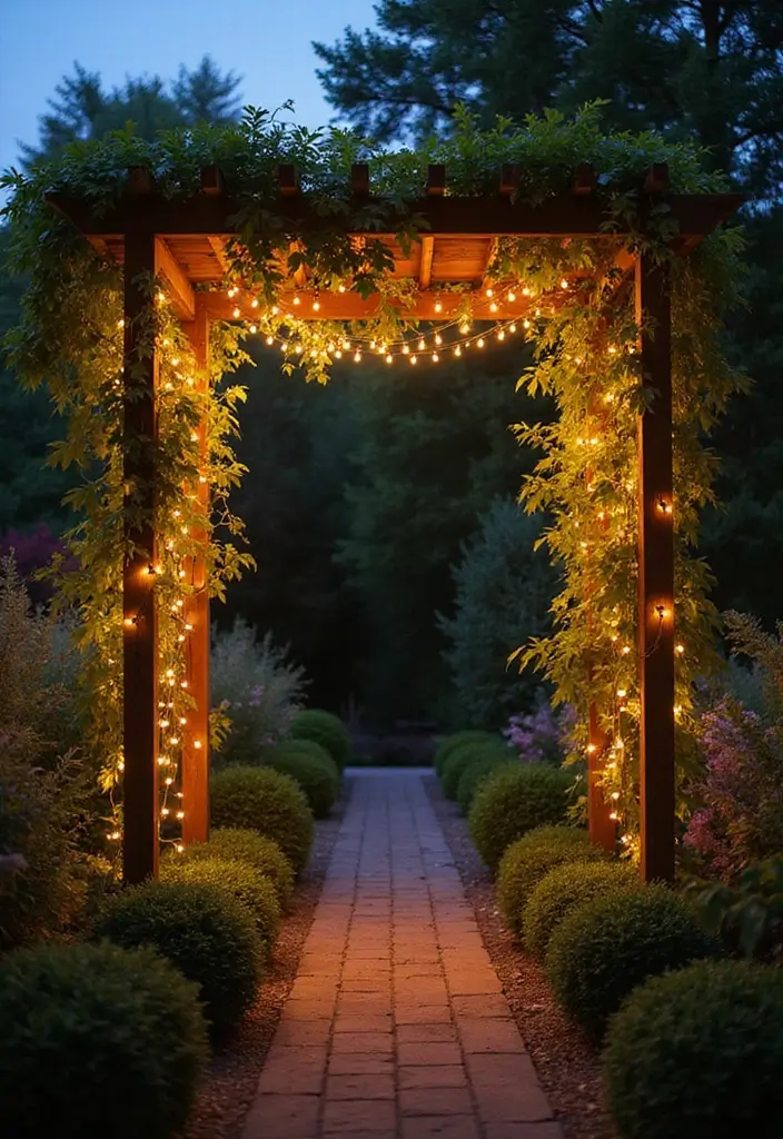 30 Rustic Trellis Ideas with Country Garden Charm - 16. Trellis with Garden Lighting