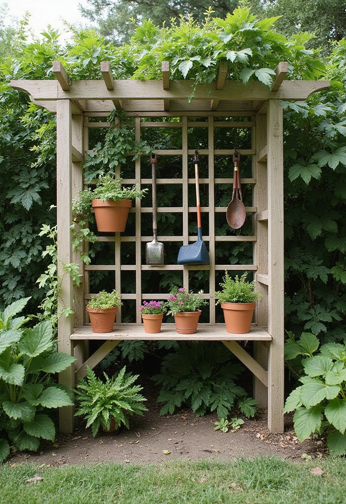 30 Rustic Trellis Ideas with Country Garden Charm - 21. Trellis with Built-in Storage