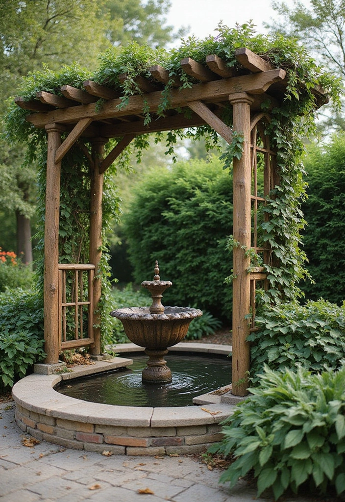 30 Rustic Trellis Ideas with Country Garden Charm - 23. Trellis with a Rustic Water Feature