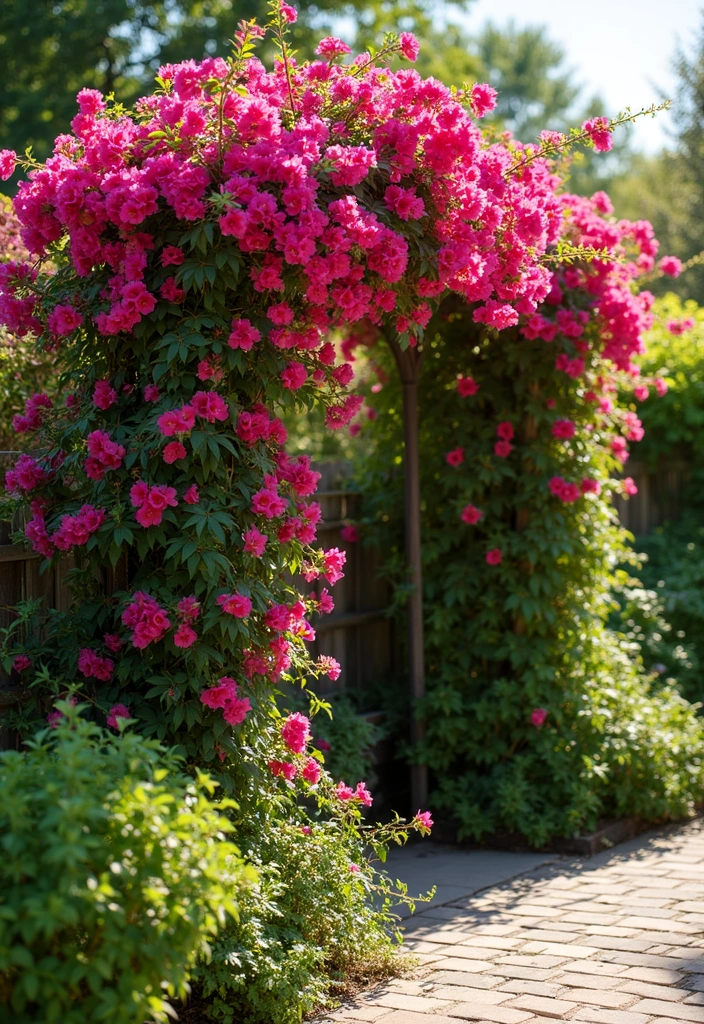 30 Rustic Trellis Ideas with Country Garden Charm - 26. Trellis with Colorful Bougainvillea