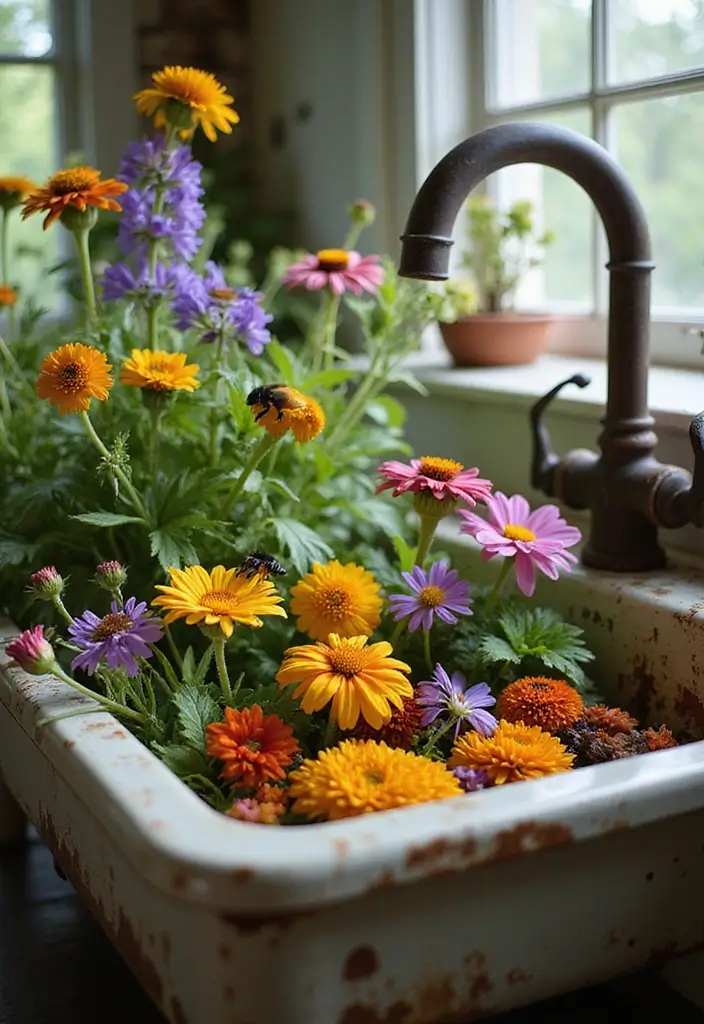30 Sink Planter Ideas That Turn Vintage Finds into Decor - 20. Vintage Sink for Pollinator Plants