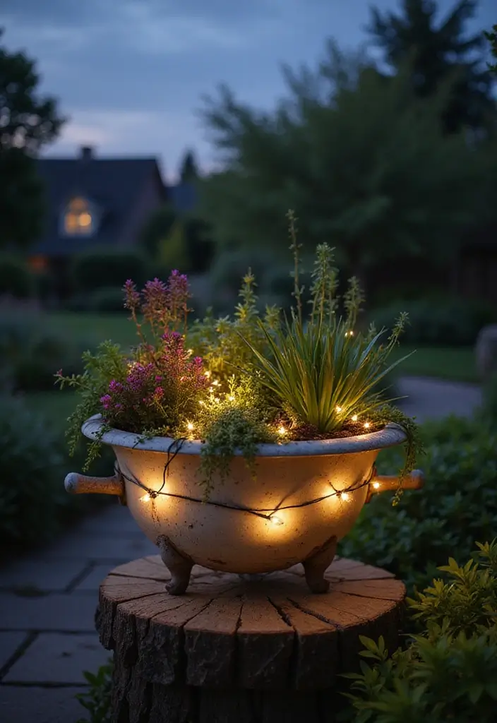 30 Sink Planter Ideas That Turn Vintage Finds into Decor - 23. Sink Planter Fairy Lights
