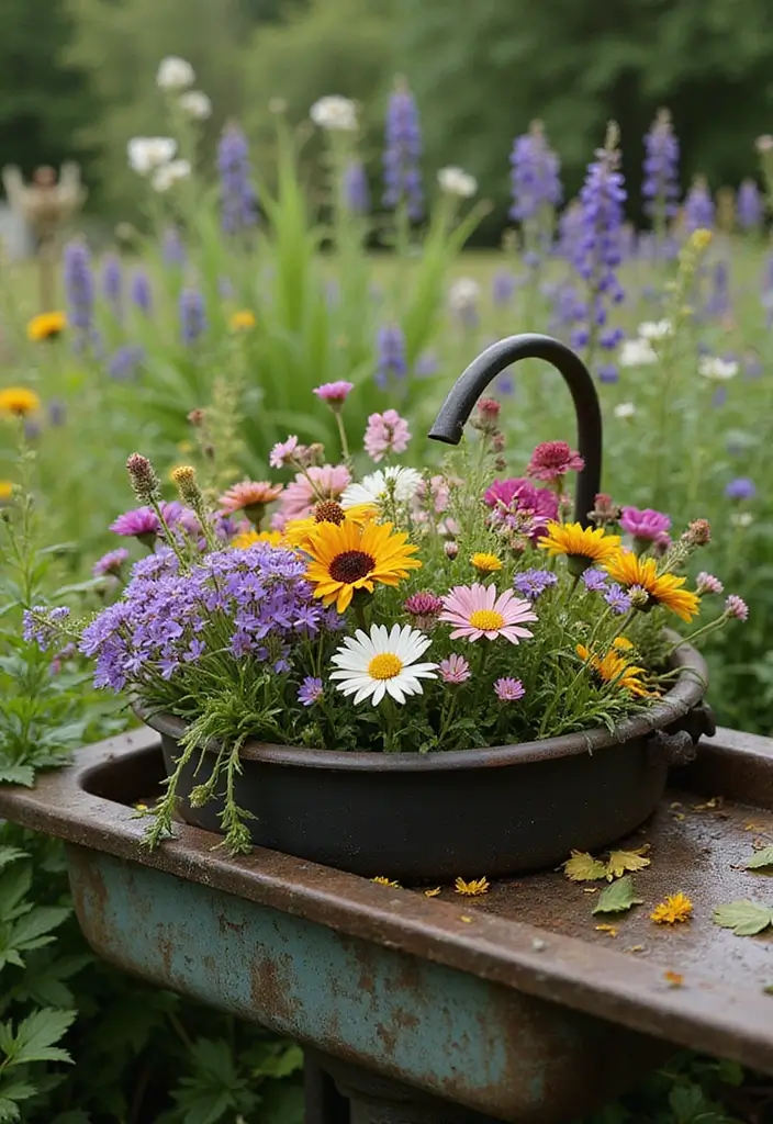 30 Sink Planter Ideas That Turn Vintage Finds into Decor - 26. Sink Planter for Wildflowers