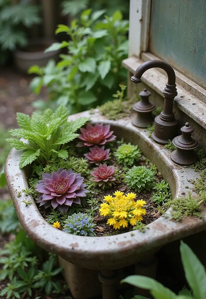 30 Sink Planter Ideas That Turn Vintage Finds into Decor - 29. Sink Planter with Colorful Ground Covers