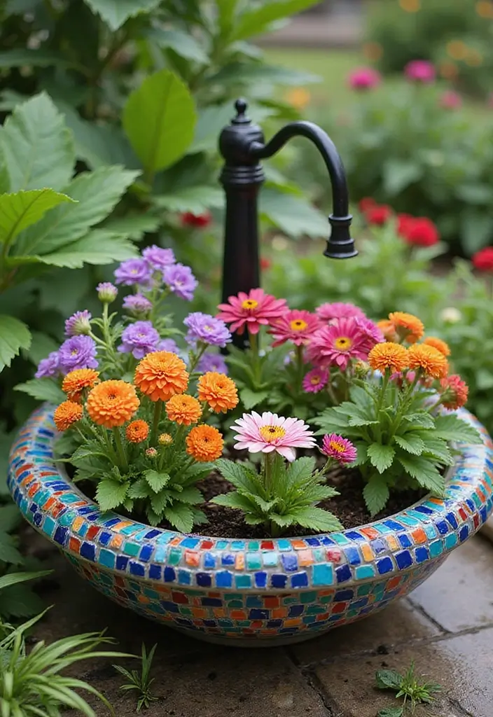 30 Sink Planter Ideas That Turn Vintage Finds into Decor - 4. Colorful Mosaic Sink Planter