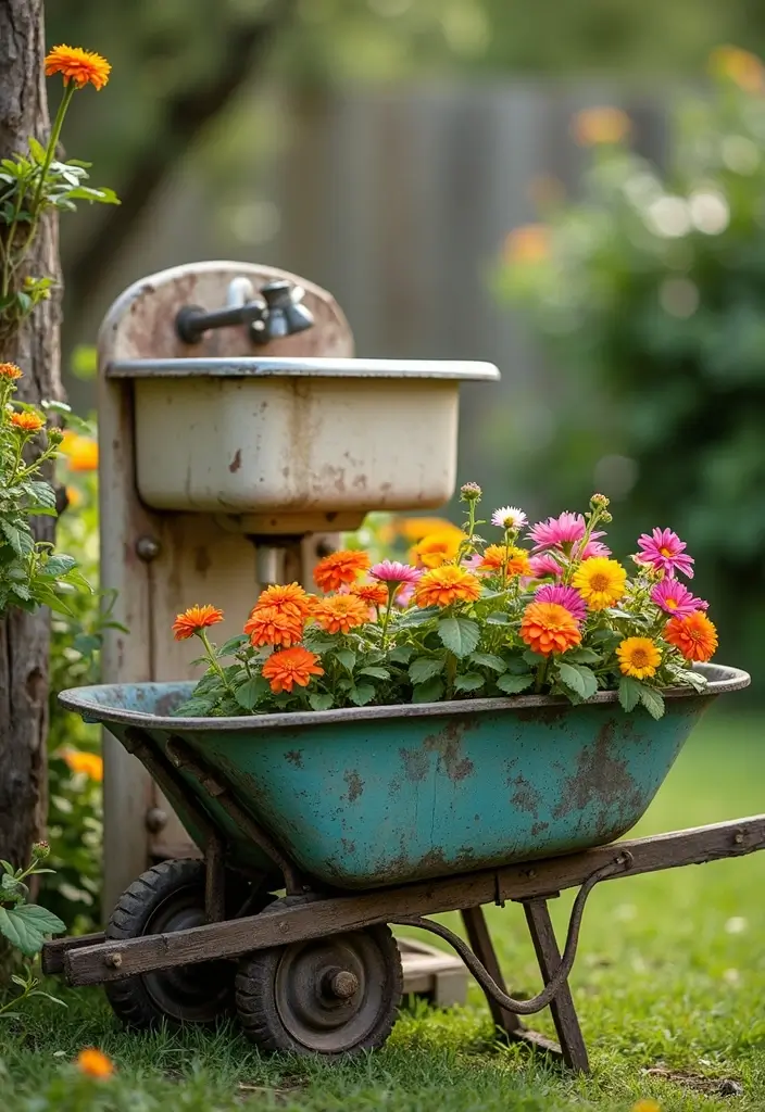 30 Sink Planter Ideas That Turn Vintage Finds into Decor - 9. Wheelbarrow and Sink Combo