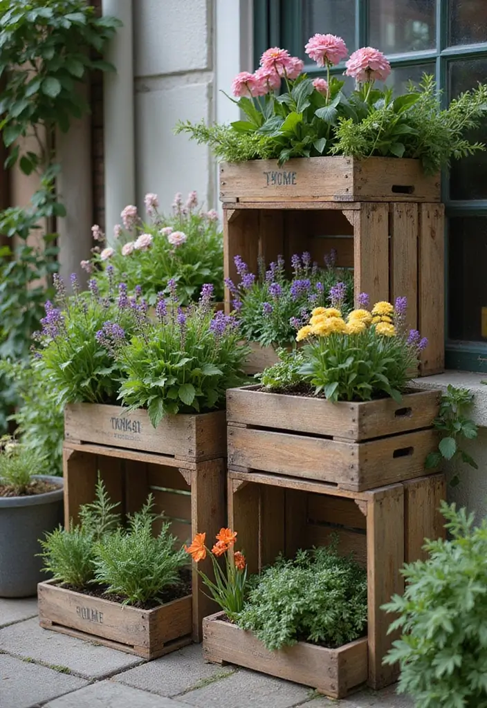 30 Stacking Planter Ideas to Save Space and Style Up - 10. Vintage Stacking Crates