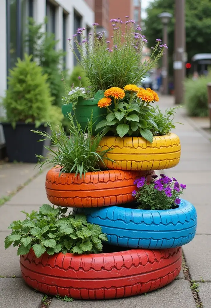 30 Stacking Planter Ideas to Save Space and Style Up - 20. Recycled Tire Planters