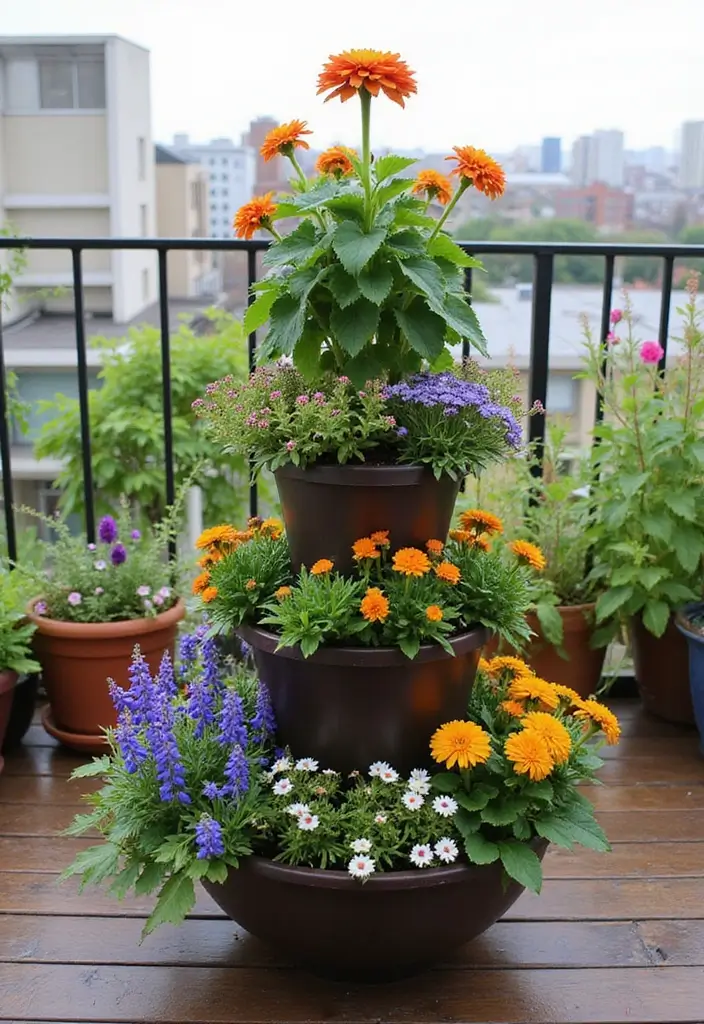 30 Stacking Planter Ideas to Save Space and Style Up - 26. Stacked Planters with a Central Feature