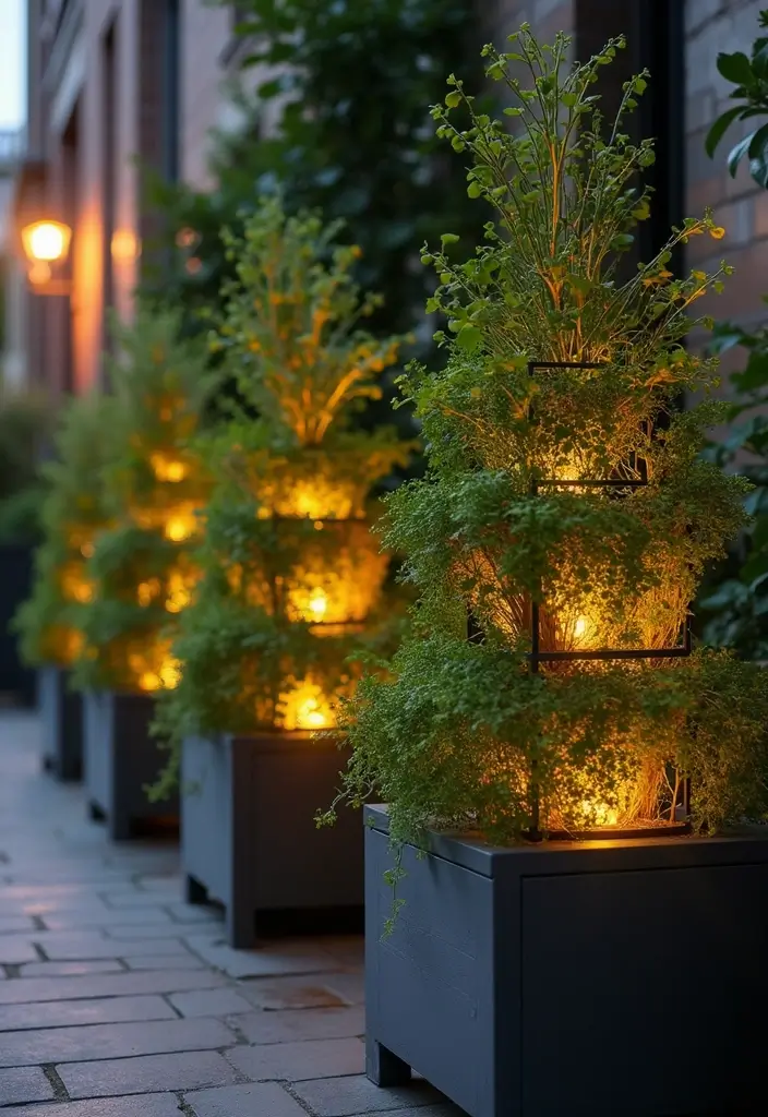 30 Stacking Planter Ideas to Save Space and Style Up - 29. Stacked Planters with Integrated Lighting