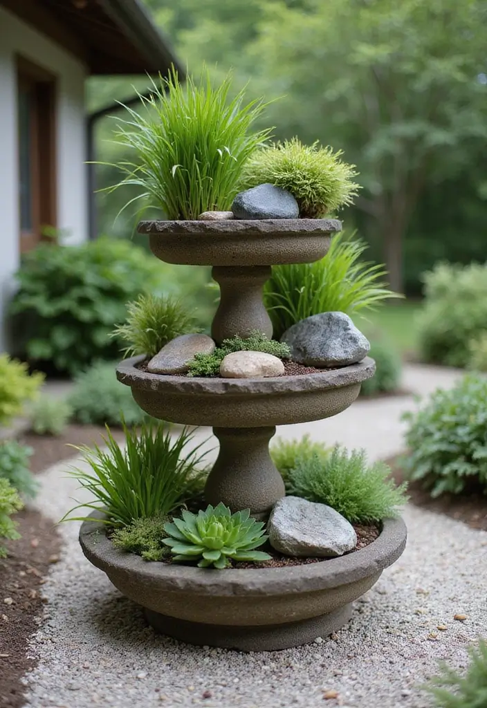 30 Three-Tiered Planter Ideas That Add Height and Beauty 113 30 Three-Tiered Planter Ideas That Add Height and Beauty - 19. Tiered Zen Garden
