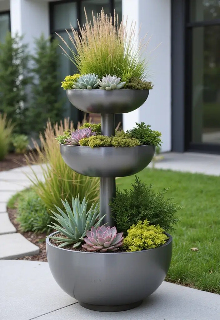 30 Three-Tiered Planter Ideas That Add Height and Beauty 8 30 Three-Tiered Planter Ideas That Add Height and Beauty - 2. Sleek Metal Designs