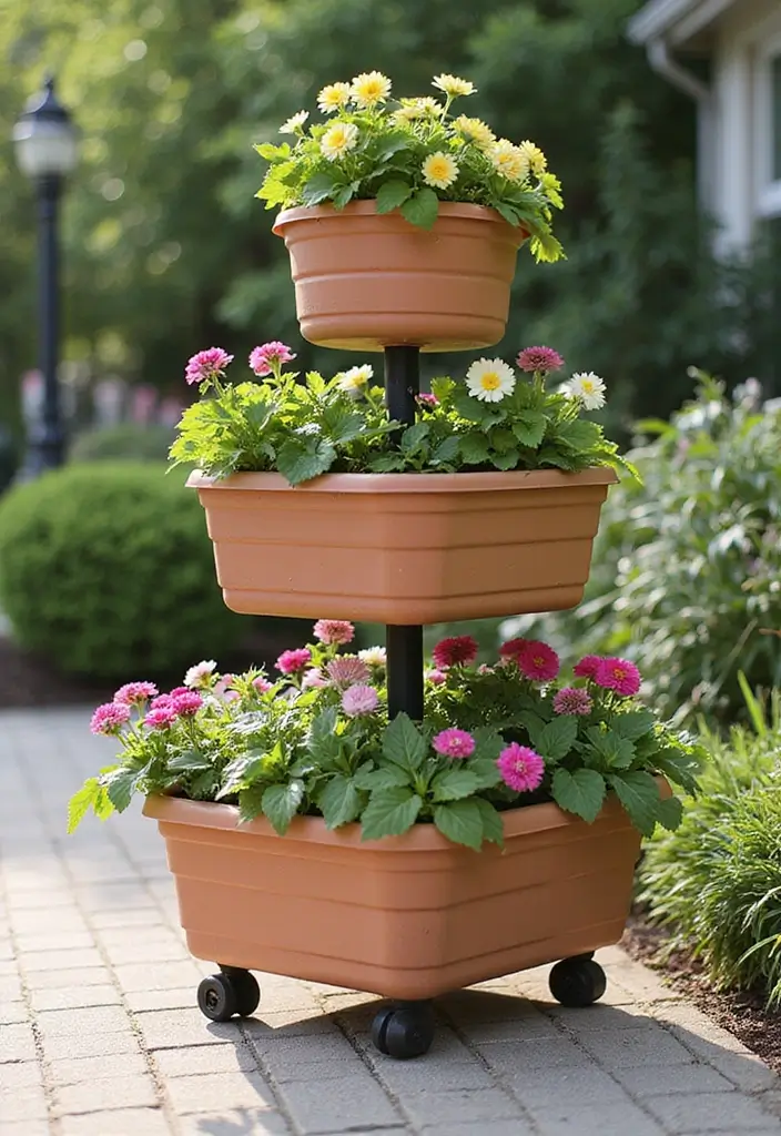 30 Three-Tiered Planter Ideas That Add Height and Beauty 127 30 Three-Tiered Planter Ideas That Add Height and Beauty - 21. Mobile Tiered Planters