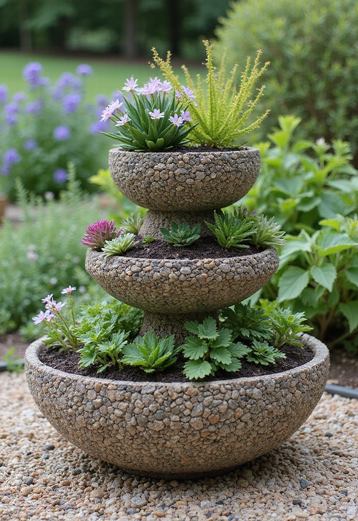 30 Three-Tiered Planter Ideas That Add Height and Beauty 132 30 Three-Tiered Planter Ideas That Add Height and Beauty - 22. Layered Pebble Planters