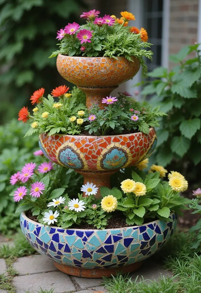 30 Three-Tiered Planter Ideas That Add Height and Beauty 139 30 Three-Tiered Planter Ideas That Add Height and Beauty - 23. Mesmerizing Mosaic Planters