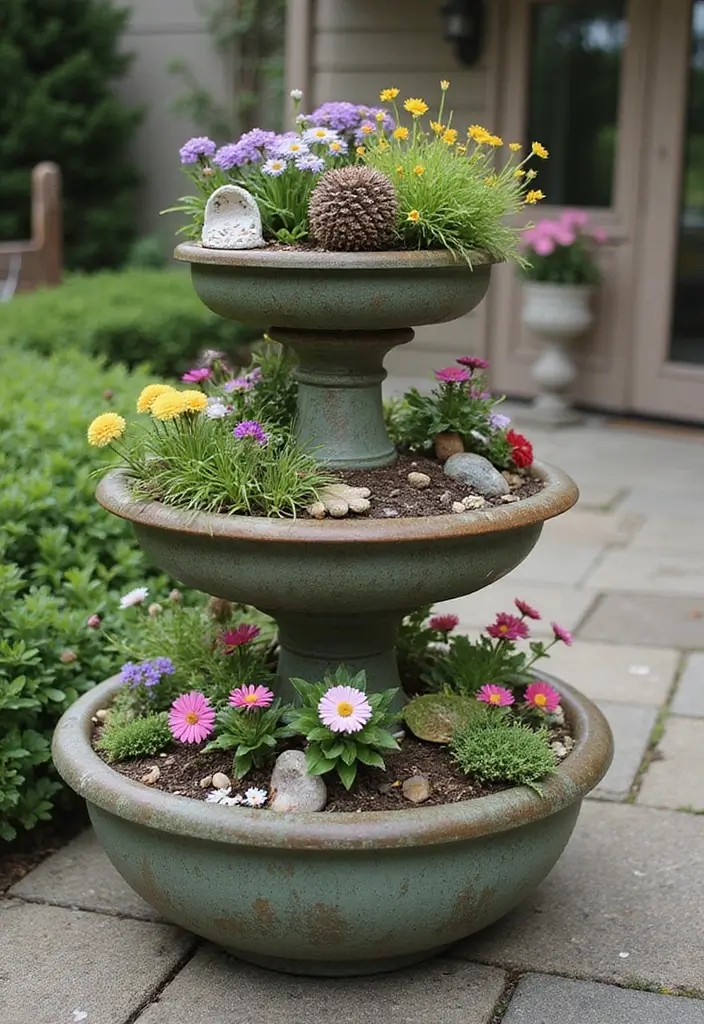 30 Three-Tiered Planter Ideas That Add Height and Beauty 146 30 Three-Tiered Planter Ideas That Add Height and Beauty - 24. Cozy Fairy Garden Tiers