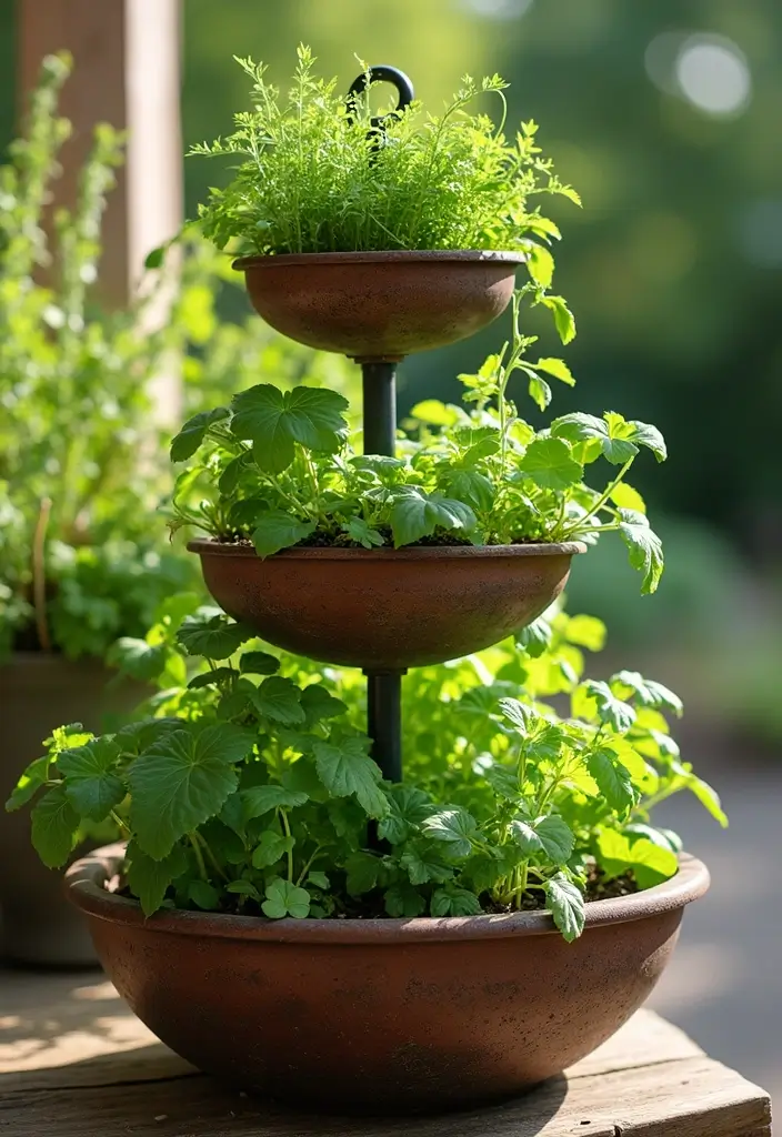30 Three-Tiered Planter Ideas That Add Height and Beauty 48 30 Three-Tiered Planter Ideas That Add Height and Beauty - 8. Colorful Tiered Herb Garden