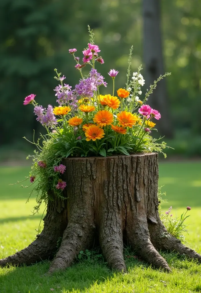 30 Tree Stump Planter Ideas That Turn Old Wood into Art - 1. Rustic Flower Bed