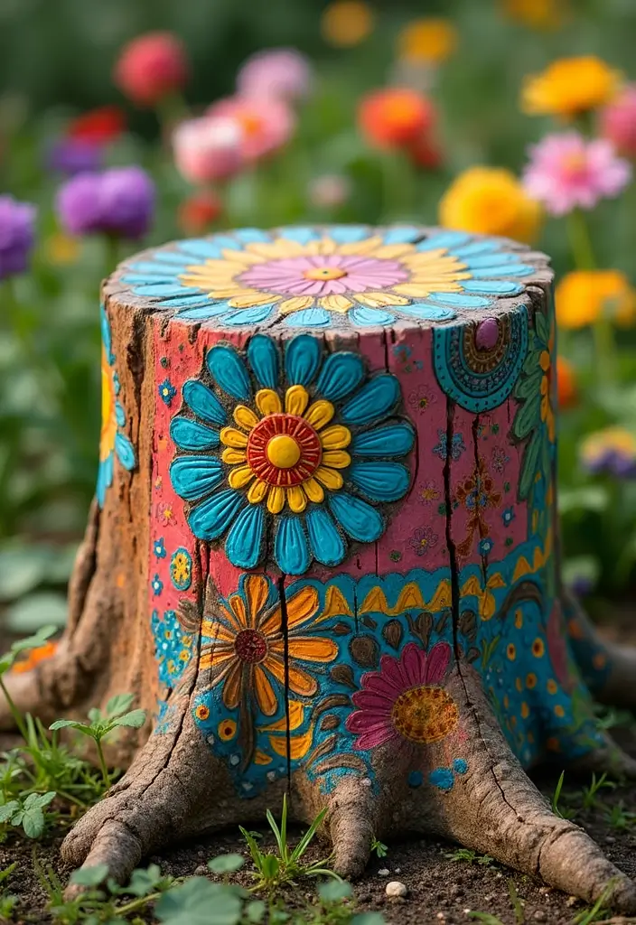 30 Tree Stump Planter Ideas That Turn Old Wood into Art - 11. Colorful Painted Stump