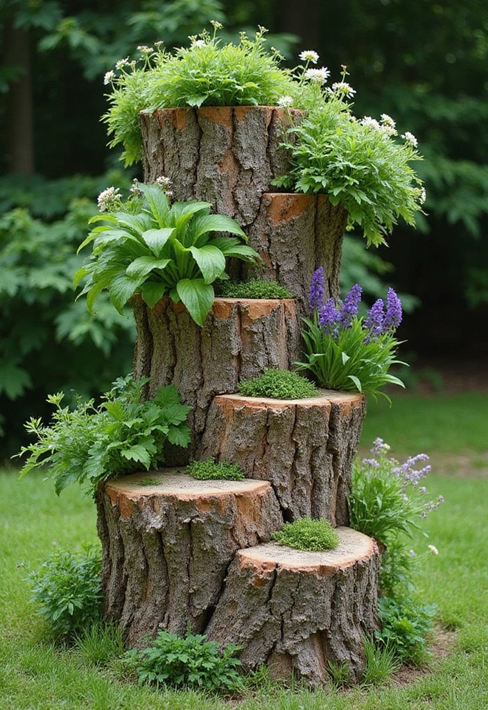 30 Tree Stump Planter Ideas That Turn Old Wood into Art - 16. Vertical Stump Garden