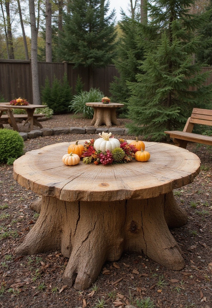 30 Tree Stump Planter Ideas That Turn Old Wood into Art - 17. Seasonal Stump Table