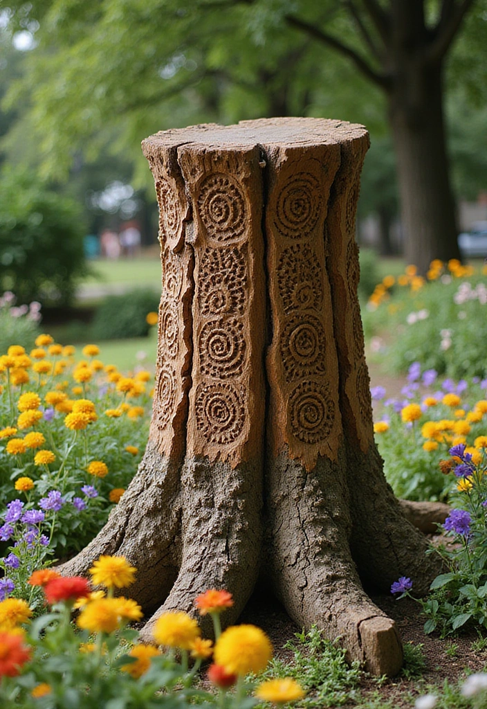 30 Tree Stump Planter Ideas That Turn Old Wood into Art - 19. Artistic Stump Carvings