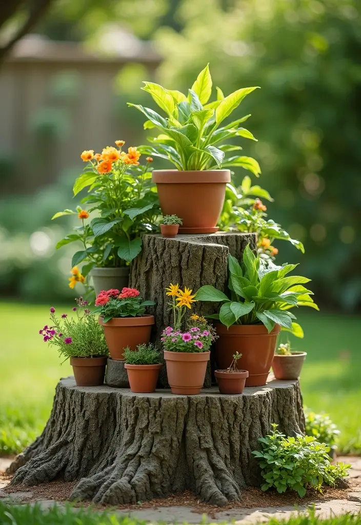 30 Tree Stump Planter Ideas That Turn Old Wood into Art - 20. Recycled Stump Stand for Pots