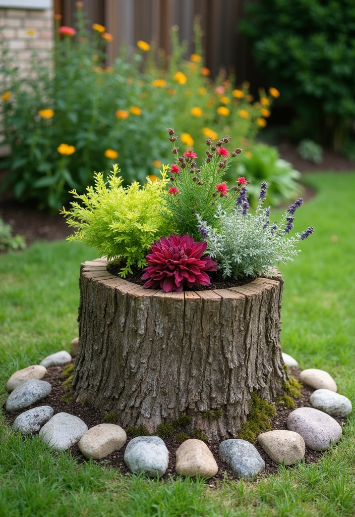 30 Tree Stump Planter Ideas That Turn Old Wood into Art - 21. Stump Planters with Edging