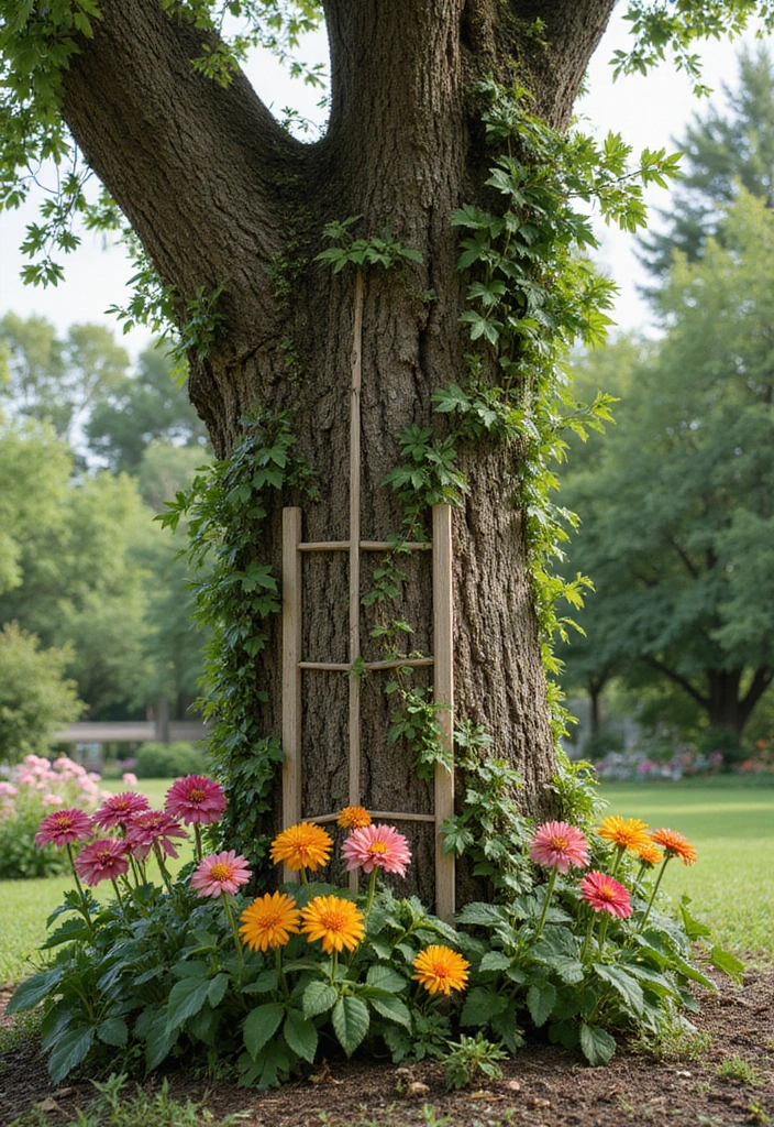 30 Tree Stump Planter Ideas That Turn Old Wood into Art - 23. Stump with Trellis for Climbing Plants