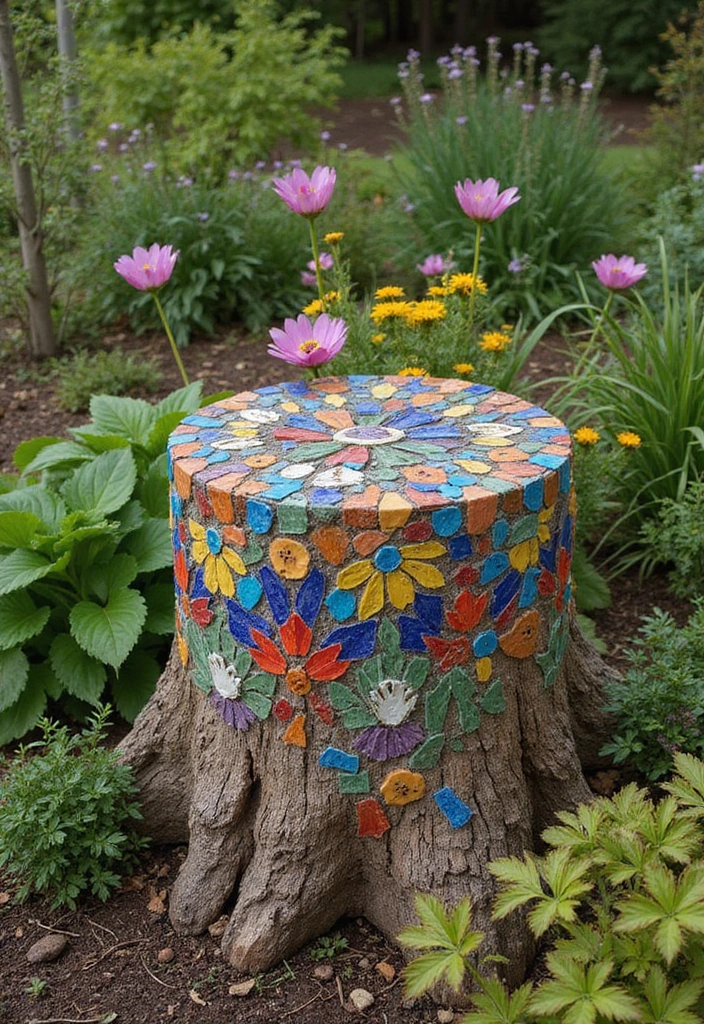 30 Tree Stump Planter Ideas That Turn Old Wood into Art - 24. Mosaic Stump Decor