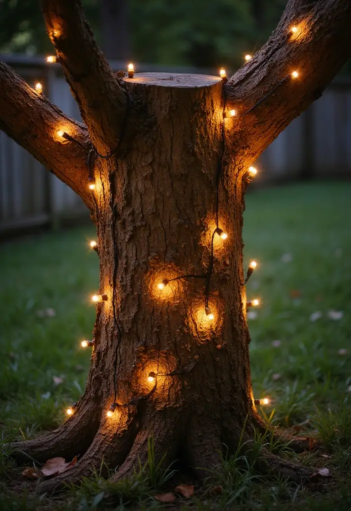 30 Tree Stump Planter Ideas That Turn Old Wood into Art - 27. Stump for Seasonal Lighting