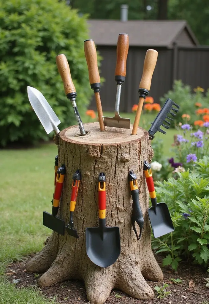 30 Tree Stump Planter Ideas That Turn Old Wood into Art - 29. Gardening Tool Holder Stump