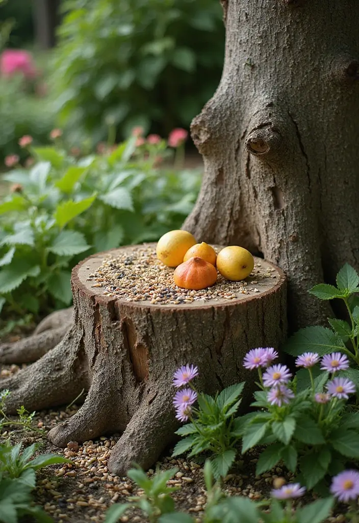 30 Tree Stump Planter Ideas That Turn Old Wood into Art - 30. Stump as a Wildlife Feeder