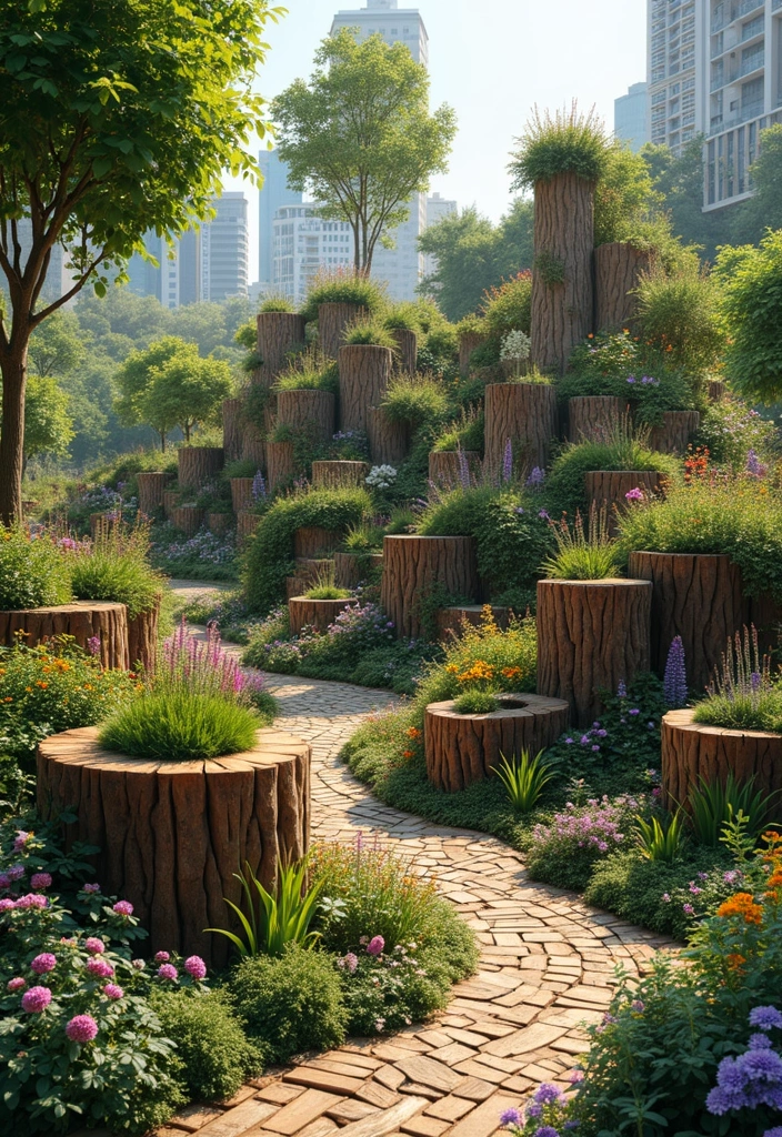 30 Tree Stump Planter Ideas That Turn Old Wood into Art - 6. Multi-tiered Stump Garden