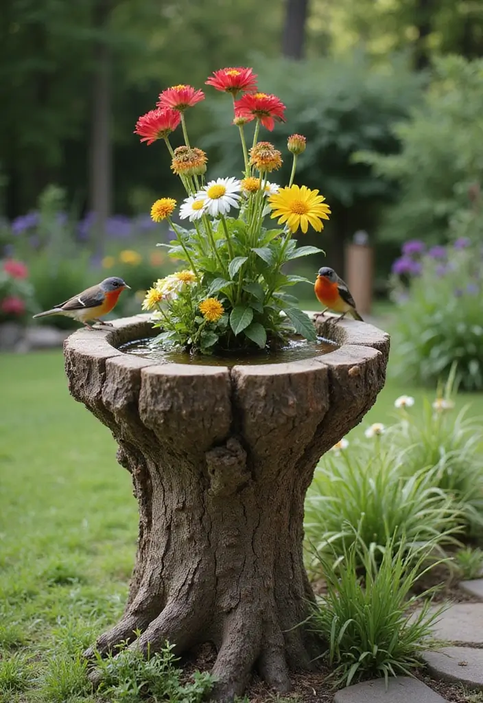 30 Tree Stump Planter Ideas That Turn Old Wood into Art - 7. Bird Bath Planter