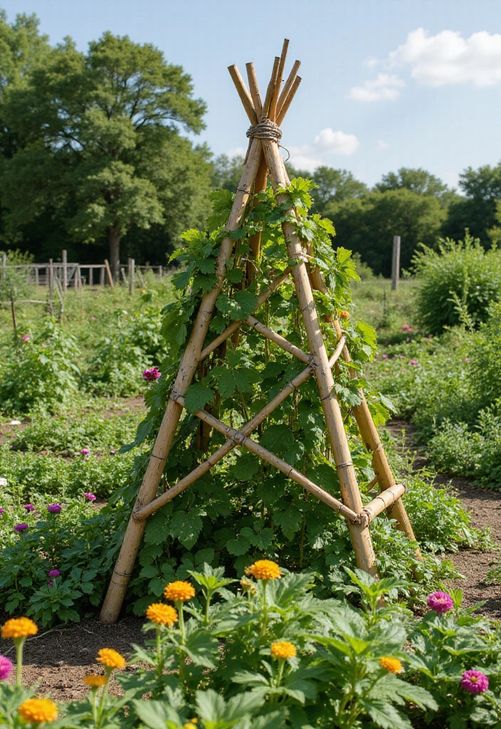 30 Veggie Garden Trellis Ideas That Boost Your Harvest - 23. Bamboo Teepee Trellis