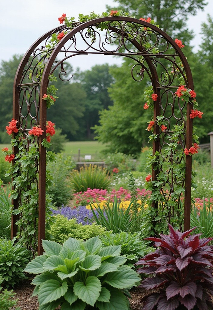 30 Veggie Garden Trellis Ideas That Boost Your Harvest - 30. Artistic Metal Trellis