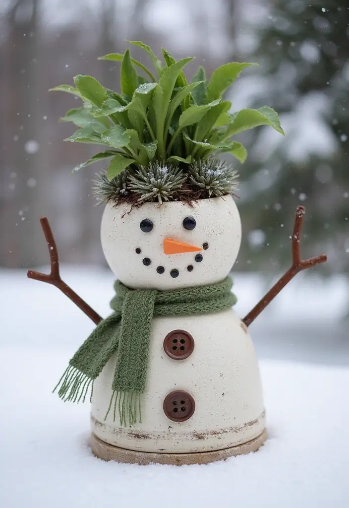 30 Winter Planter Ideas to Brighten Cold Days 110 30 Winter Planter Ideas to Brighten Cold Days - 18. Whimsical Snowman Planters