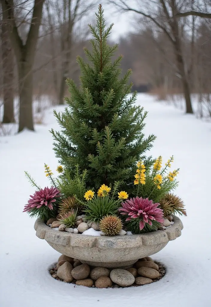30 Winter Planter Ideas to Brighten Cold Days 115 30 Winter Planter Ideas to Brighten Cold Days - 19. Layered Stone Planters