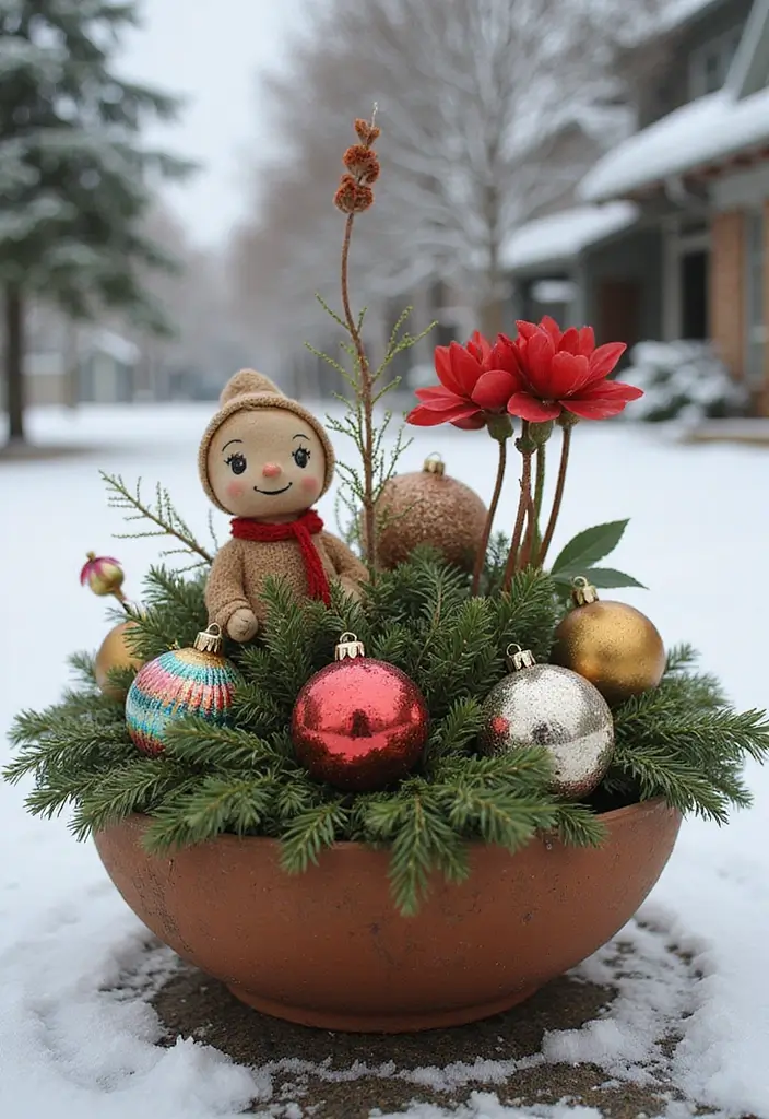 30 Winter Planter Ideas to Brighten Cold Days 22 30 Winter Planter Ideas to Brighten Cold Days - 4. Whimsical Winter Wonderland