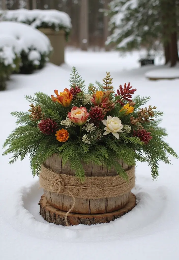 30 Winter Planter Ideas to Brighten Cold Days 32 30 Winter Planter Ideas to Brighten Cold Days - 6. Rustic Winter Charm