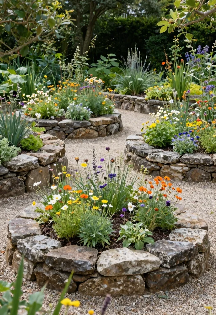 10 Circular Flower Bed Ideas for Eye Catching Symmetrical Garden Design - 2. Rustic Stone Circular Beds 1