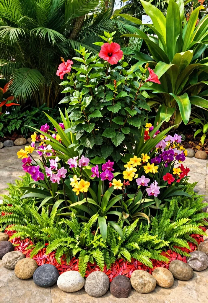 10 Island Garden Bed Ideas for Standalone Focal Point Landscaping - 1. Circular Garden Bed with Tropical Blooms 1