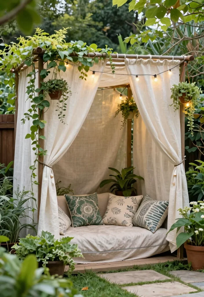 12 Backyard Fence Landscaping Ideas for Privacy Softening and Style - 10. Trellis Covered with Fabric 1