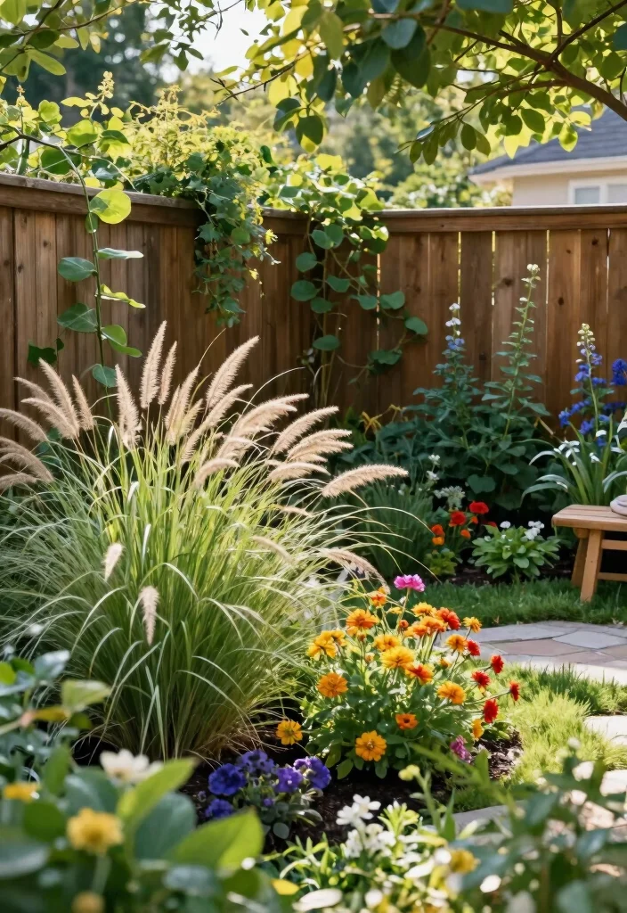 12 Backyard Fence Landscaping Ideas for Privacy Softening and Style - 6. Soft Flowing Foliage 1