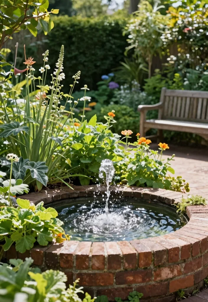 12 Brick Garden Bed Ideas for Classic Structure and Timeless Appeal - 11. Brick Garden Bed with Water Feature 1