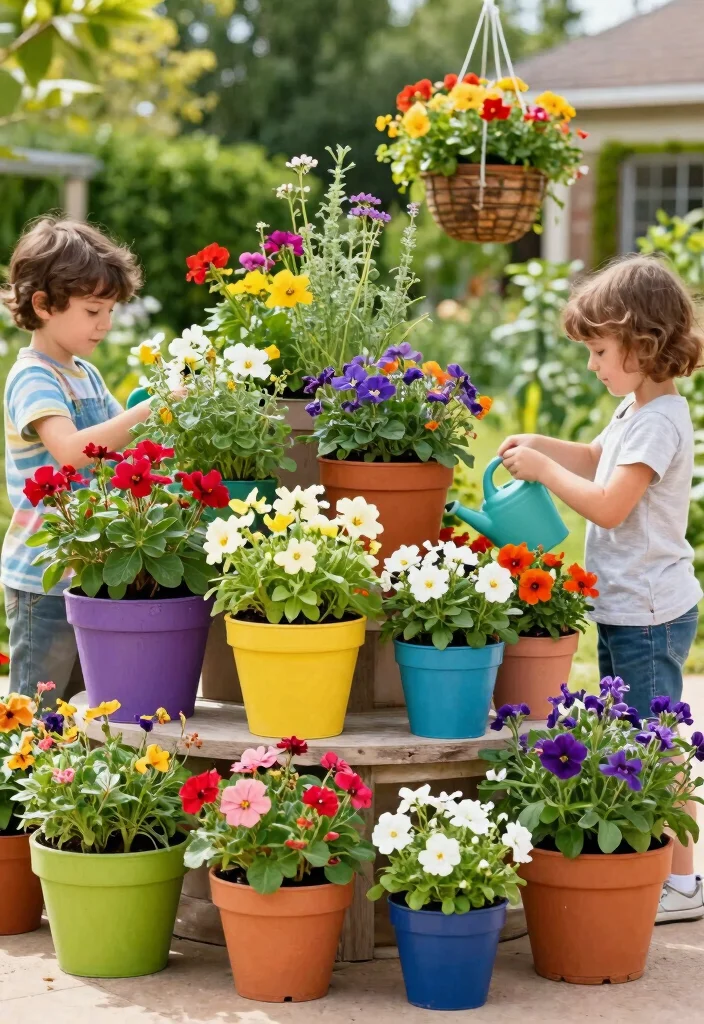 12 Cute Flower Bed Ideas for Playful, Charming, and Eye-Catching Gardens - 11. Colorful Container Flower Beds 1