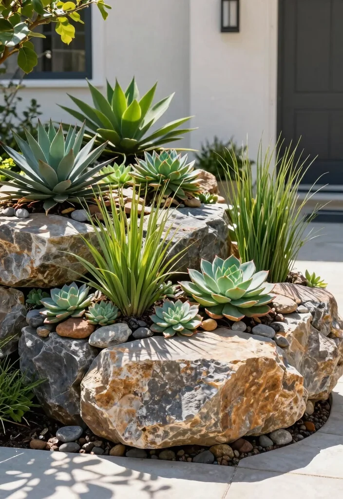 12 Front Yard Landscaping Ideas with Rocks for Low Water Easy Care Design - 10. Rock-Filled Planters 1